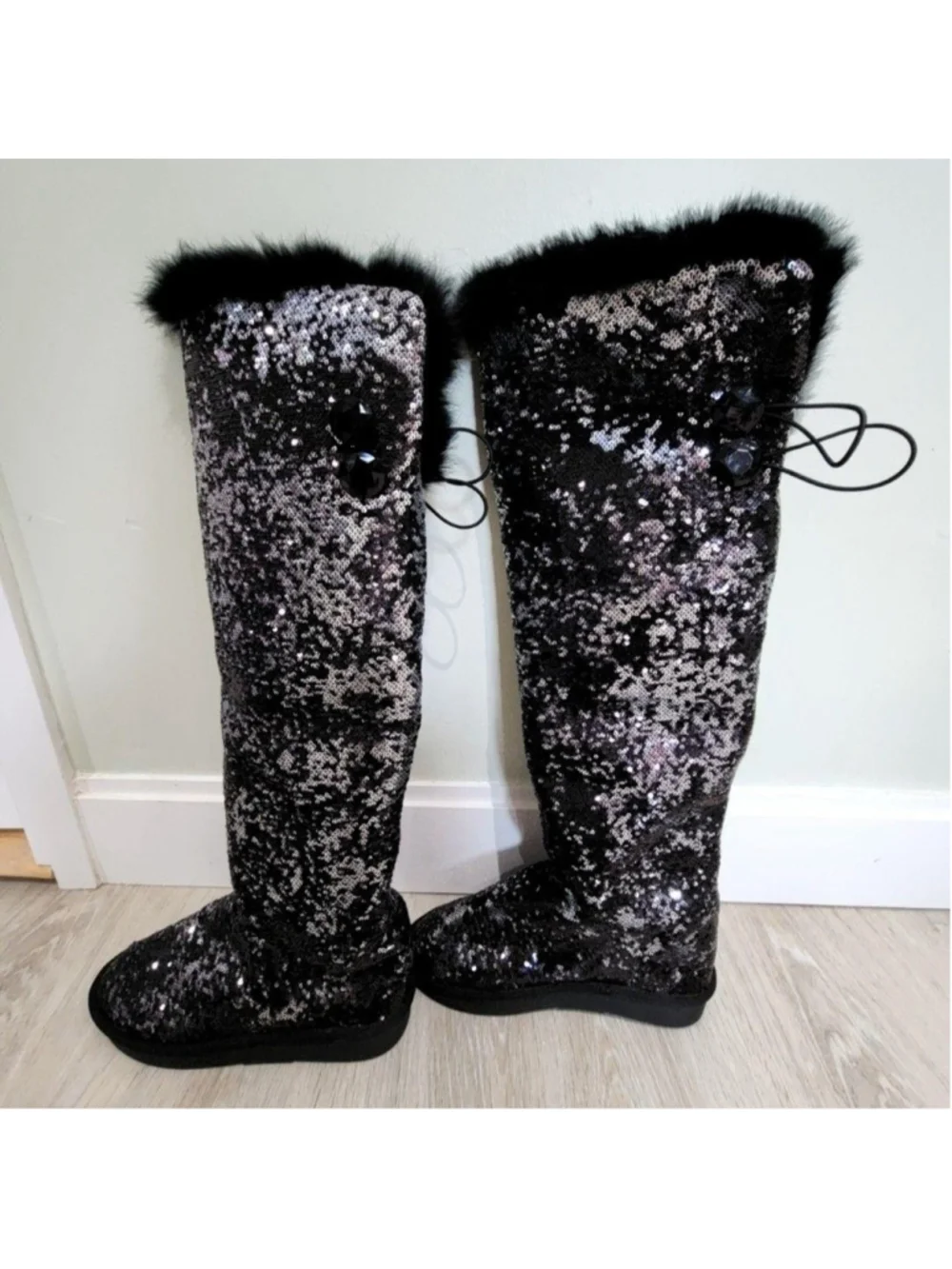 Sequin Snow Boots Womens 8 Black Over The Knee Faux Fur Wedge Winter Party